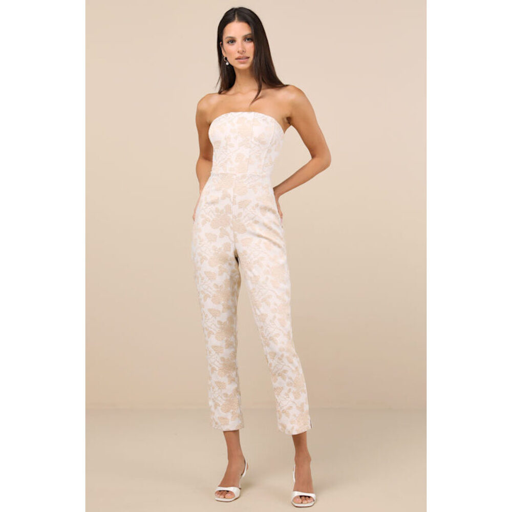 Lulus Elisabetta Cream And Gold Jacquard Strapless Cropped Jumpsuit White